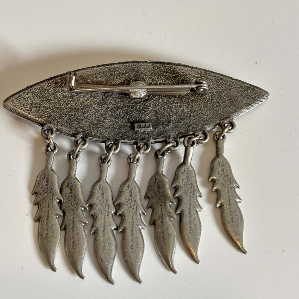JJ Jonette Jewelry Southwestern Style Turquoise Feather Dangle Brooch Pewter Pin - Picture 8 of 11